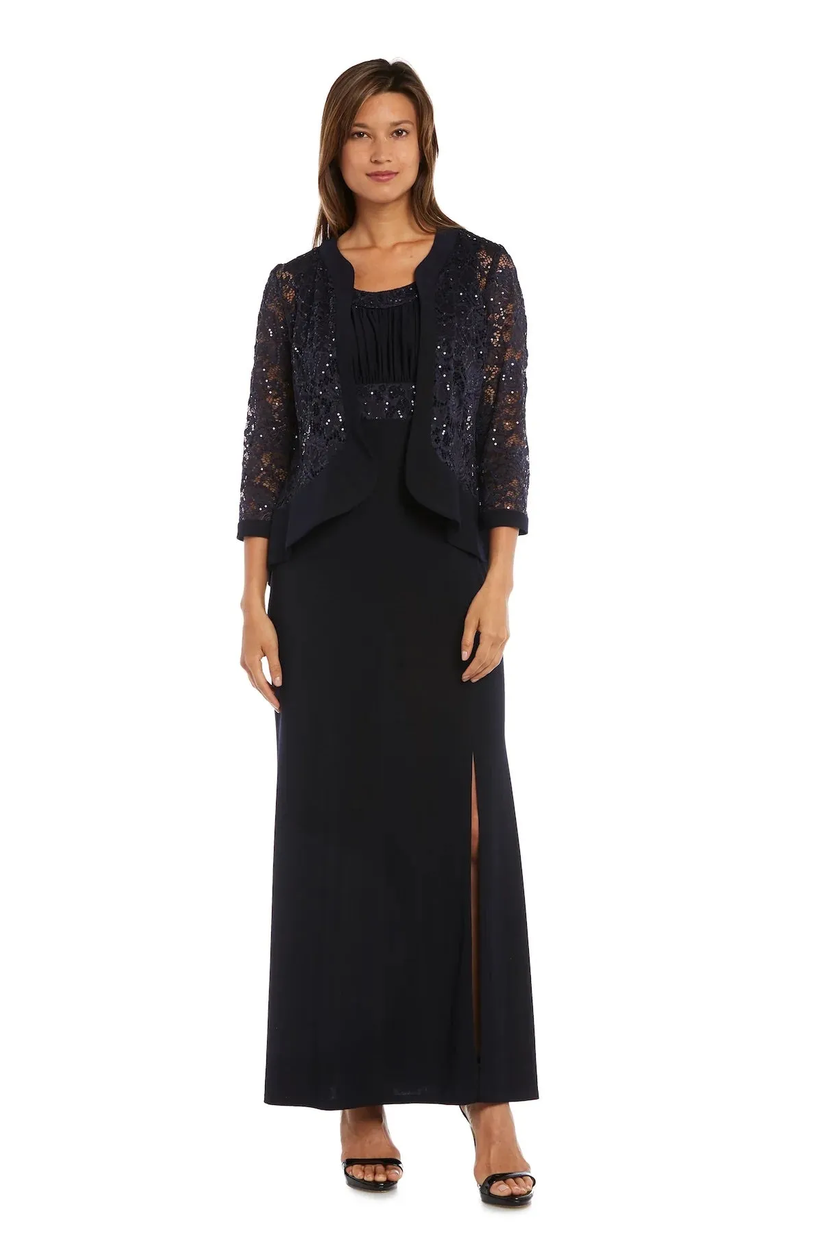 R&M Richards Women's 2 Piece Ruffled Lace Jacket Long Dress