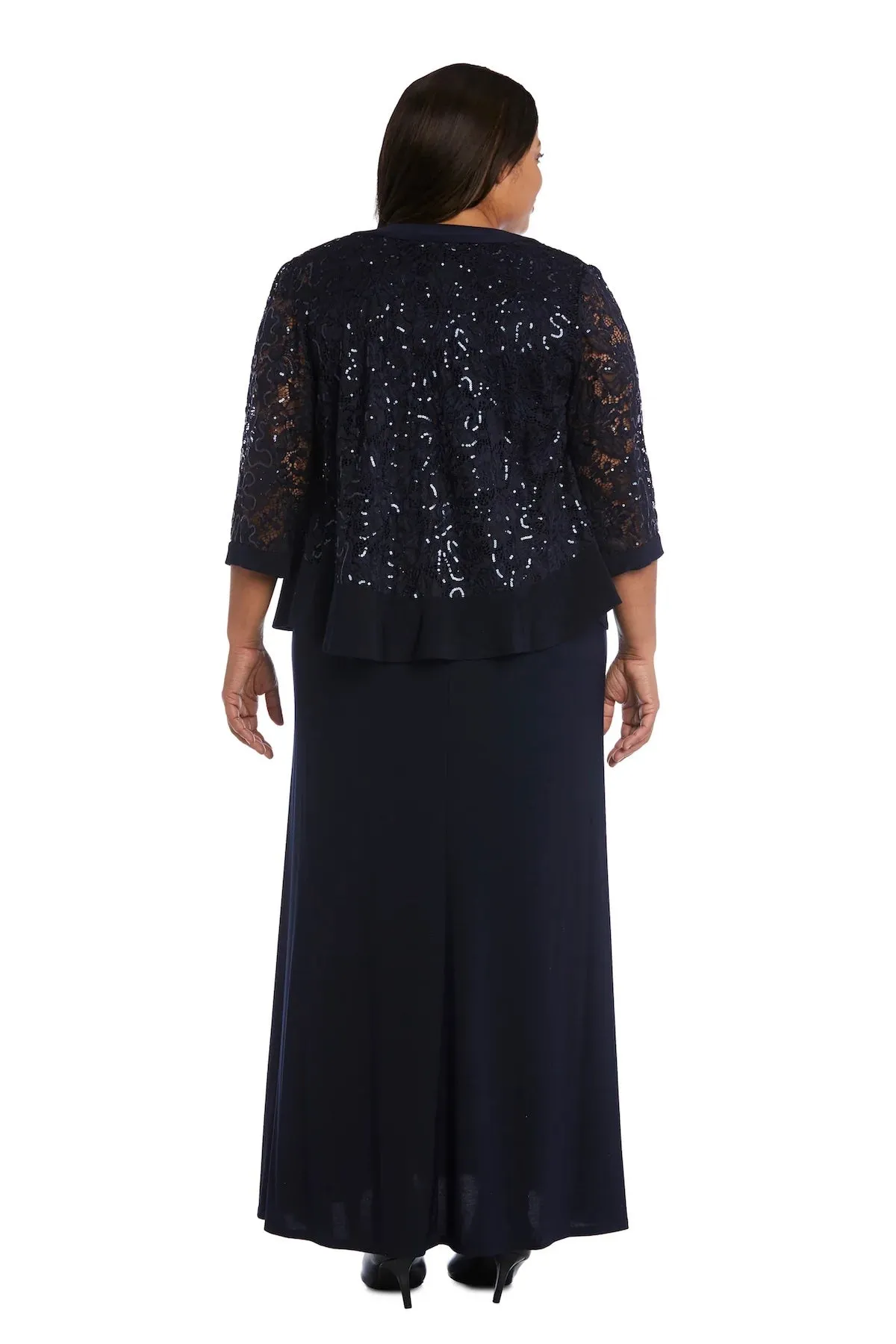 R&M Richards Women's Plus Size 2 Piece Ruffled Lace Jacket Long Dress