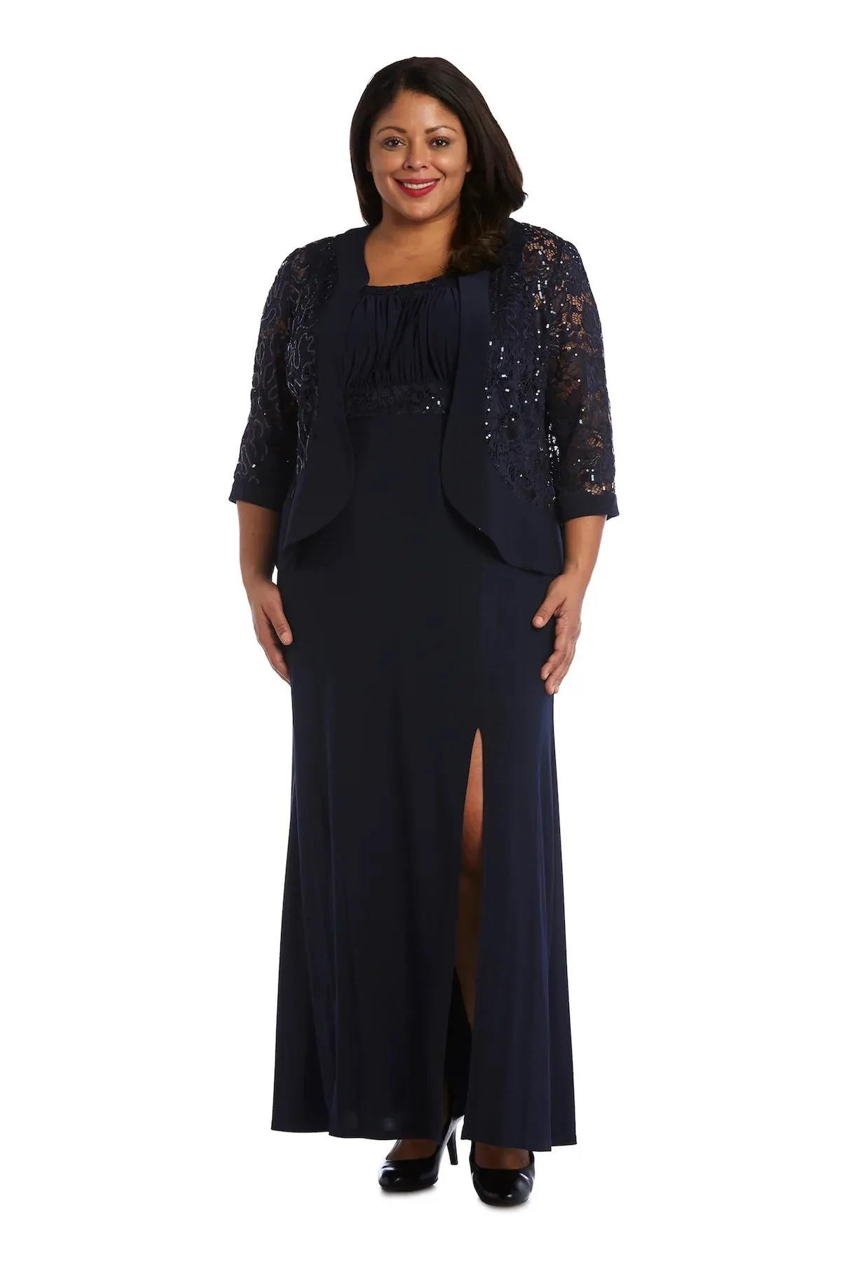 R&M Richards Women's Plus Size 2 Piece Ruffled Lace Jacket Long Dress