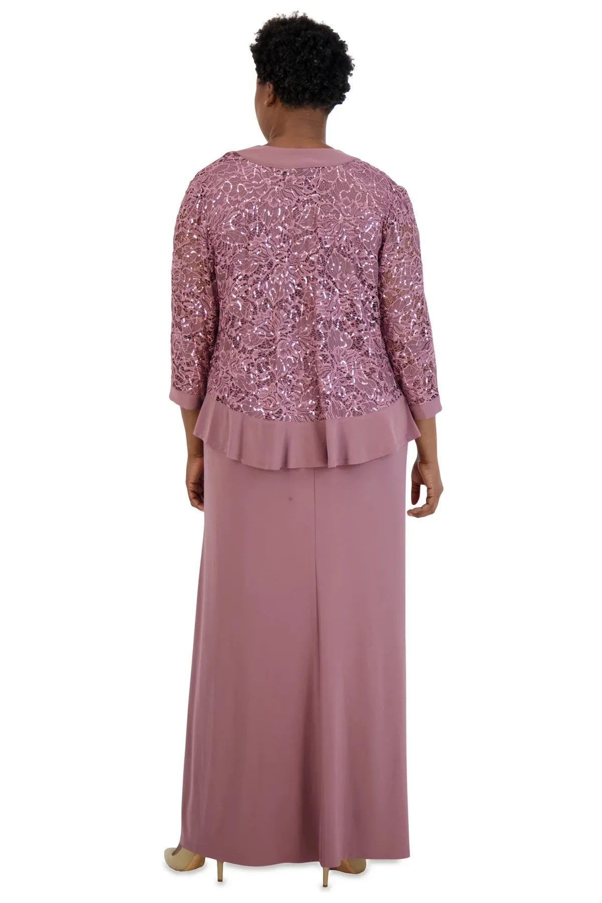 R&M Richards Women's Plus Size 2 Piece Ruffled Lace Jacket Long Dress