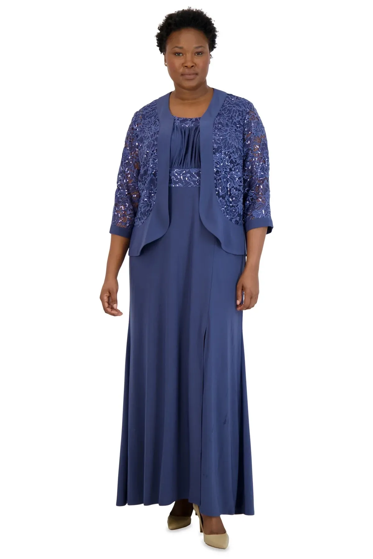 R&M Richards Women's Plus Size 2 Piece Ruffled Lace Jacket Long Dress