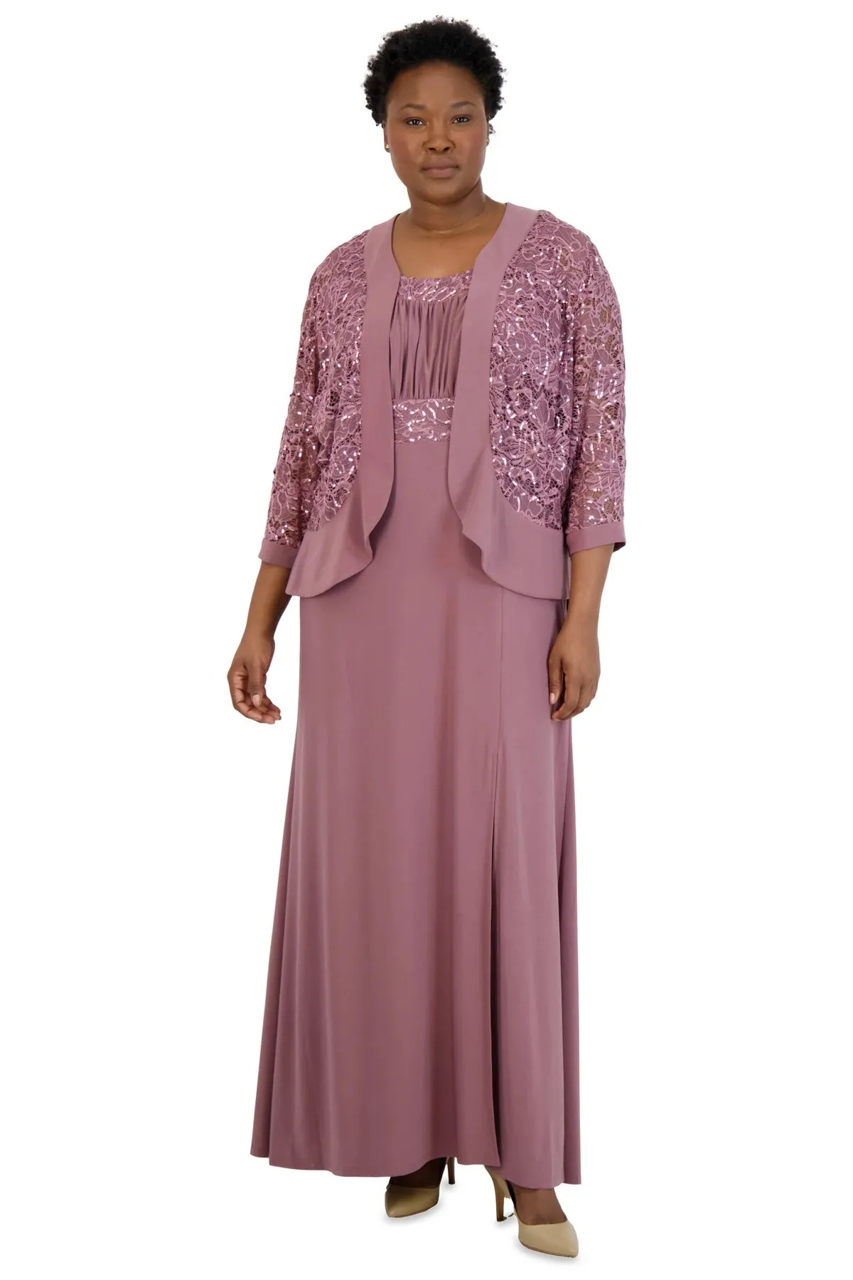 R&M Richards Women's Plus Size 2 Piece Ruffled Lace Jacket Long Dress