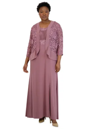 R&M Richards Women's Plus Size 2 Piece Ruffled Lace Jacket Long Dress