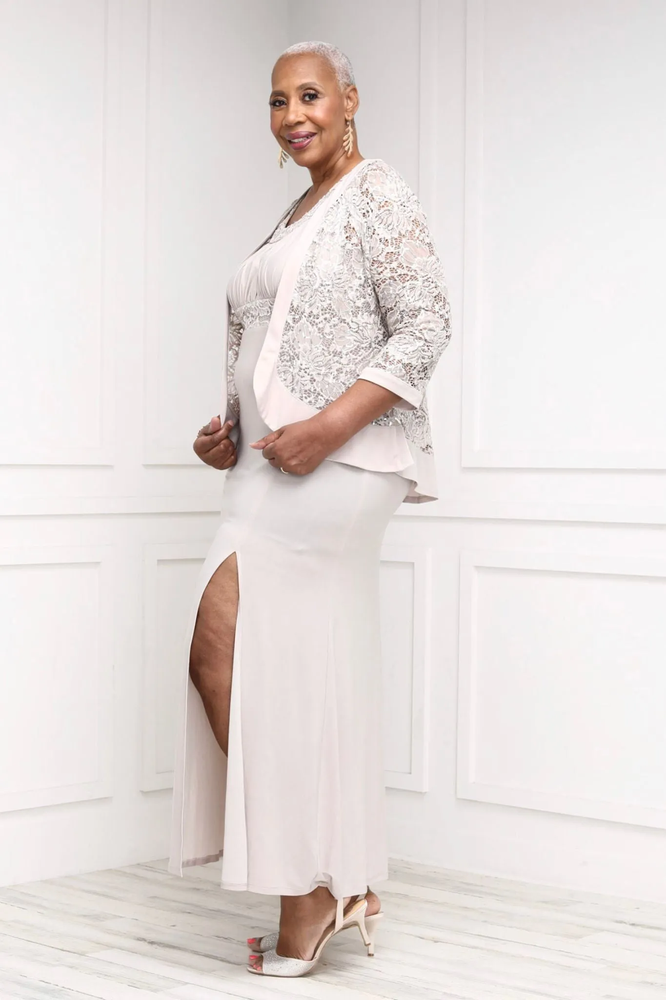 R&M Richards Women's Plus Size 2 Piece Ruffled Lace Jacket Long Dress