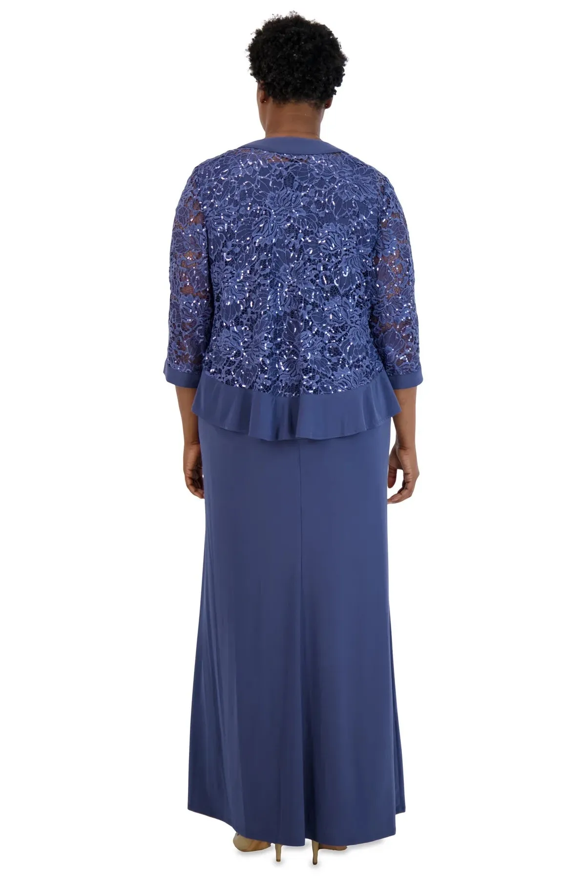 R&M Richards Women's Plus Size 2 Piece Ruffled Lace Jacket Long Dress