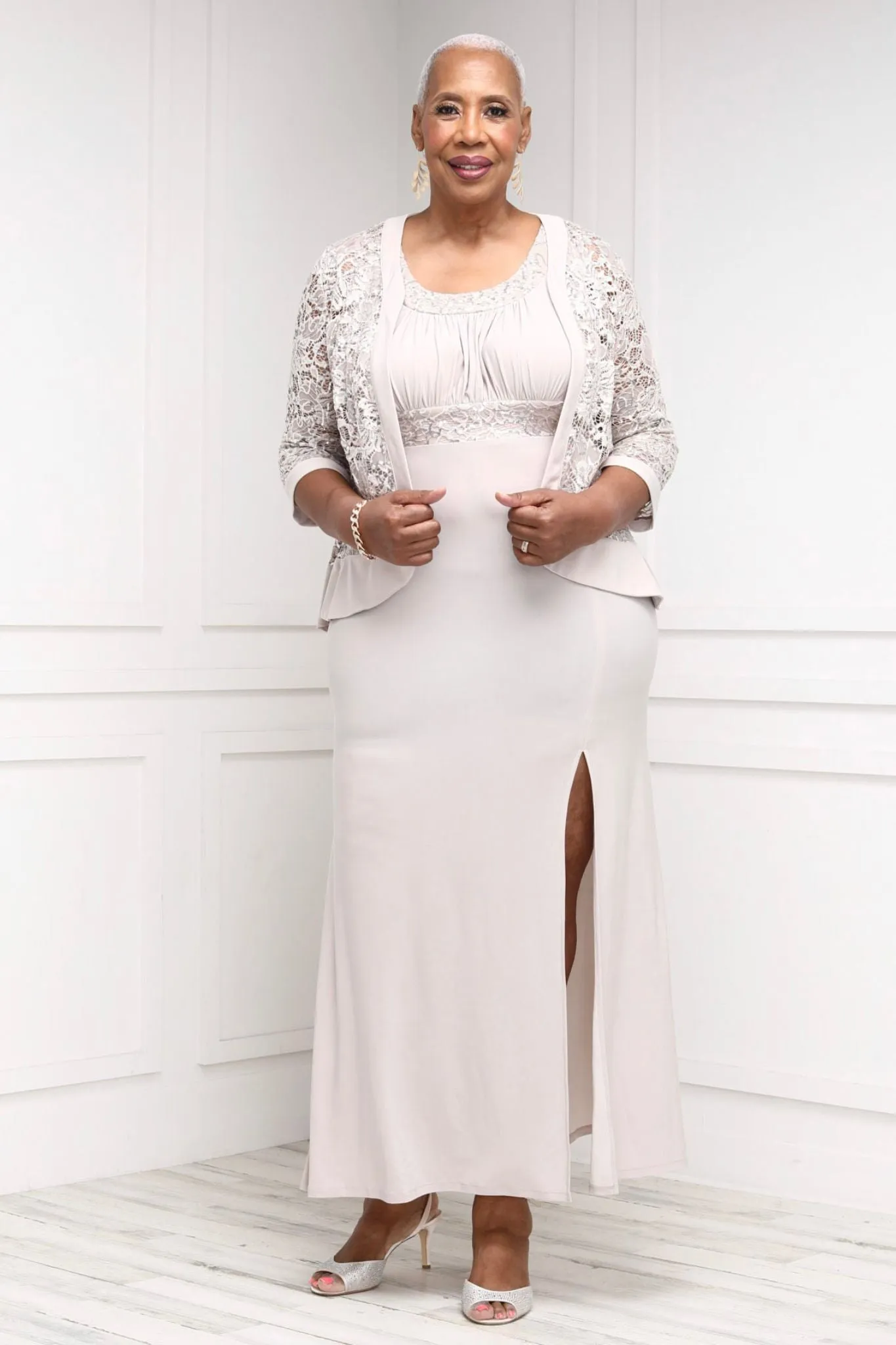 R&M Richards Women's Plus Size 2 Piece Ruffled Lace Jacket Long Dress