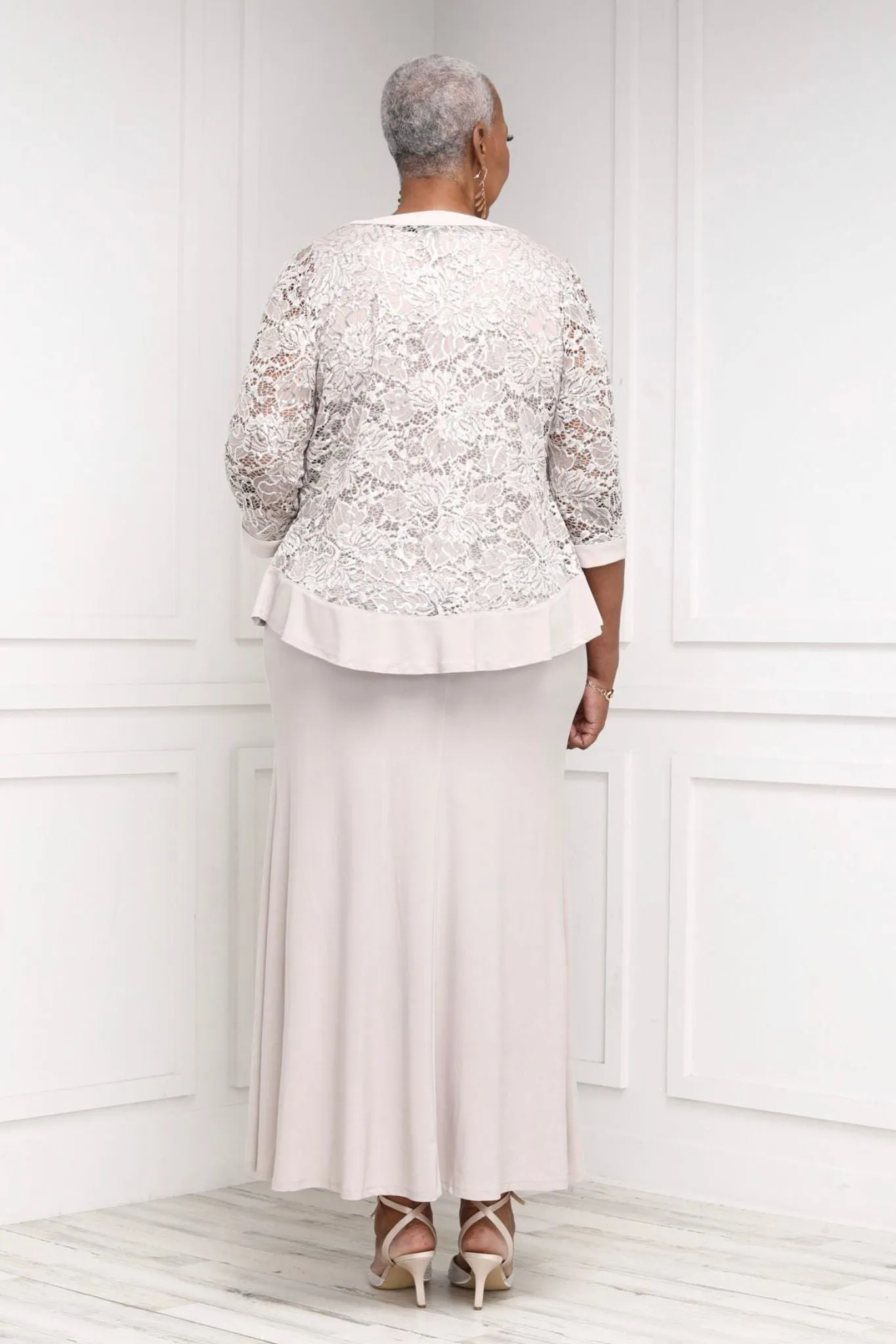 R&M Richards Women's Plus Size 2 Piece Ruffled Lace Jacket Long Dress
