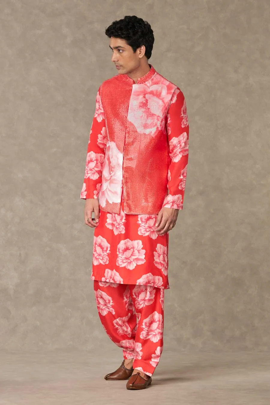 Red Nurvi Print Sitara Kurta Set with Jacket