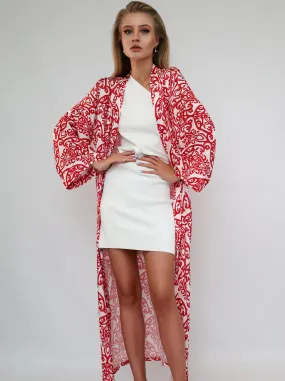 Red Printed Ikat Lightweight Kimono "Crimson Glow"