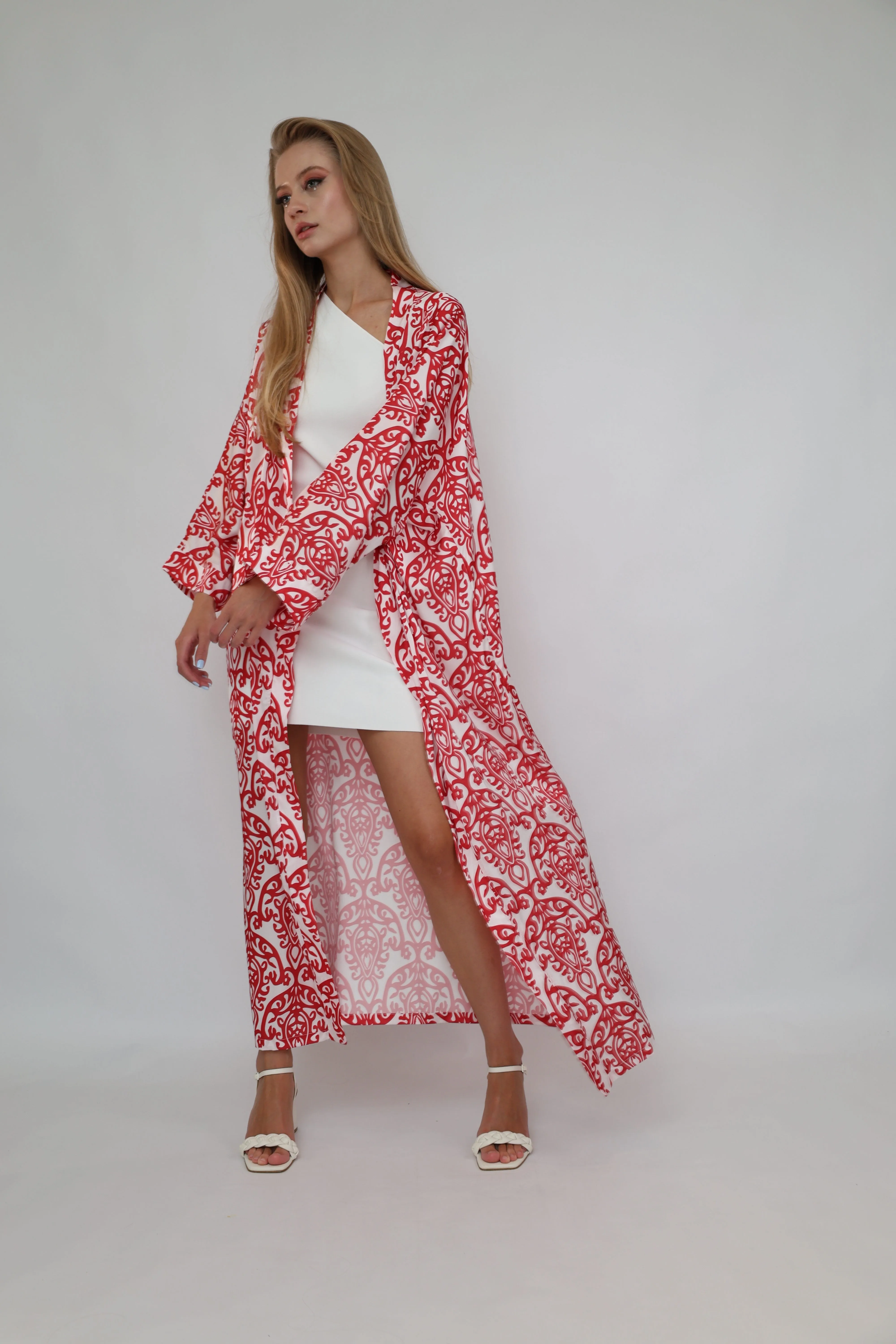 Red Printed Ikat Lightweight Kimono "Crimson Glow"
