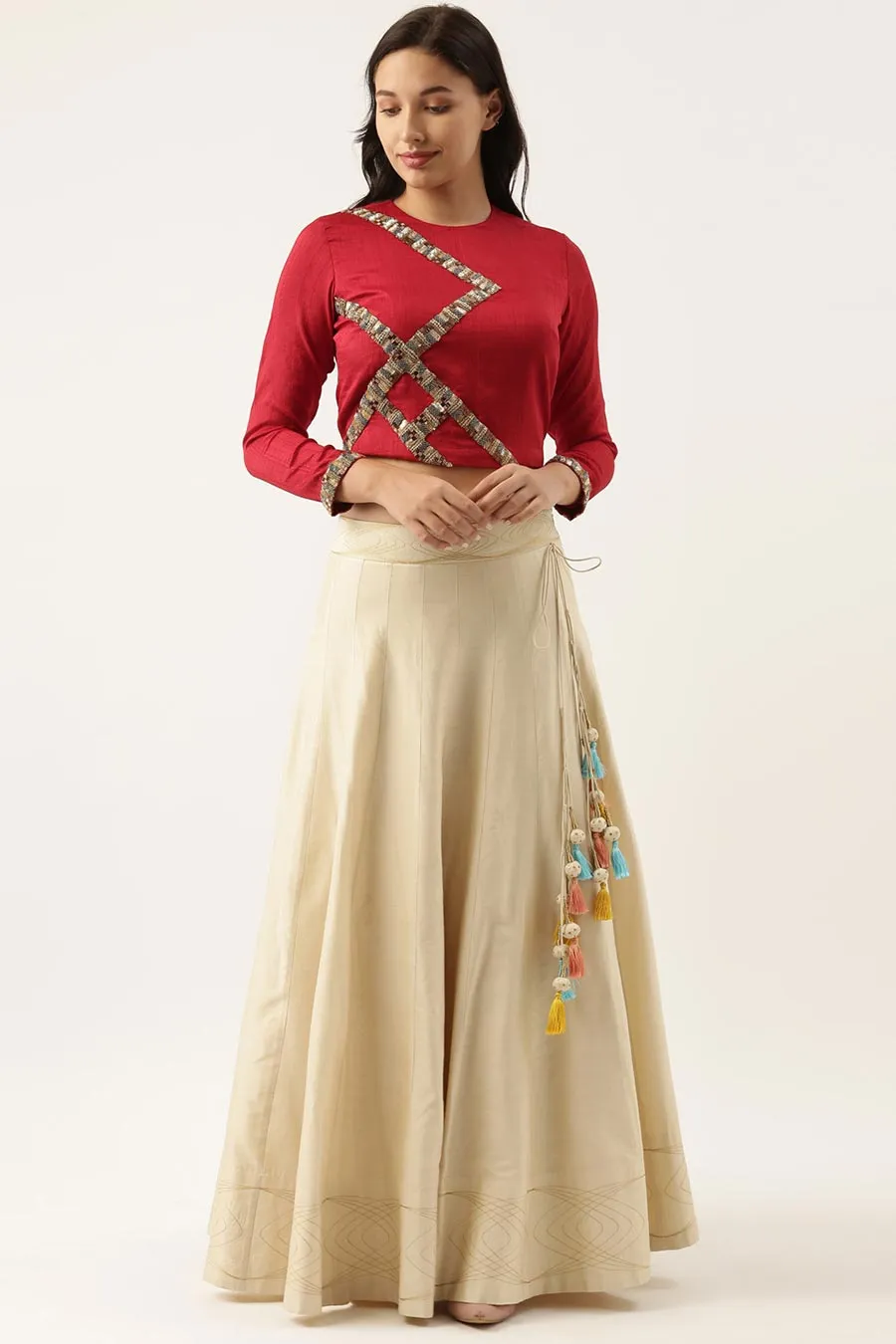 Red Silk Sequined Top & Beige Skirt Set