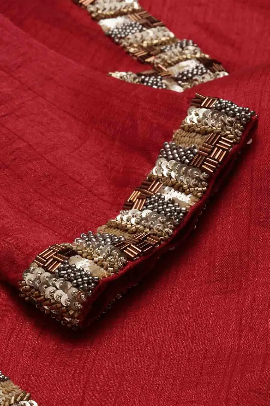Red Silk Sequined Top & Beige Skirt Set