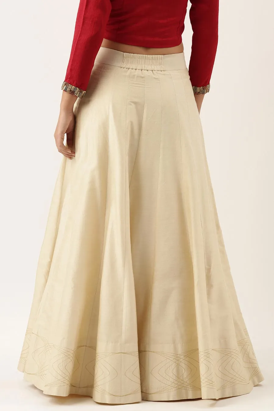 Red Silk Sequined Top & Beige Skirt Set