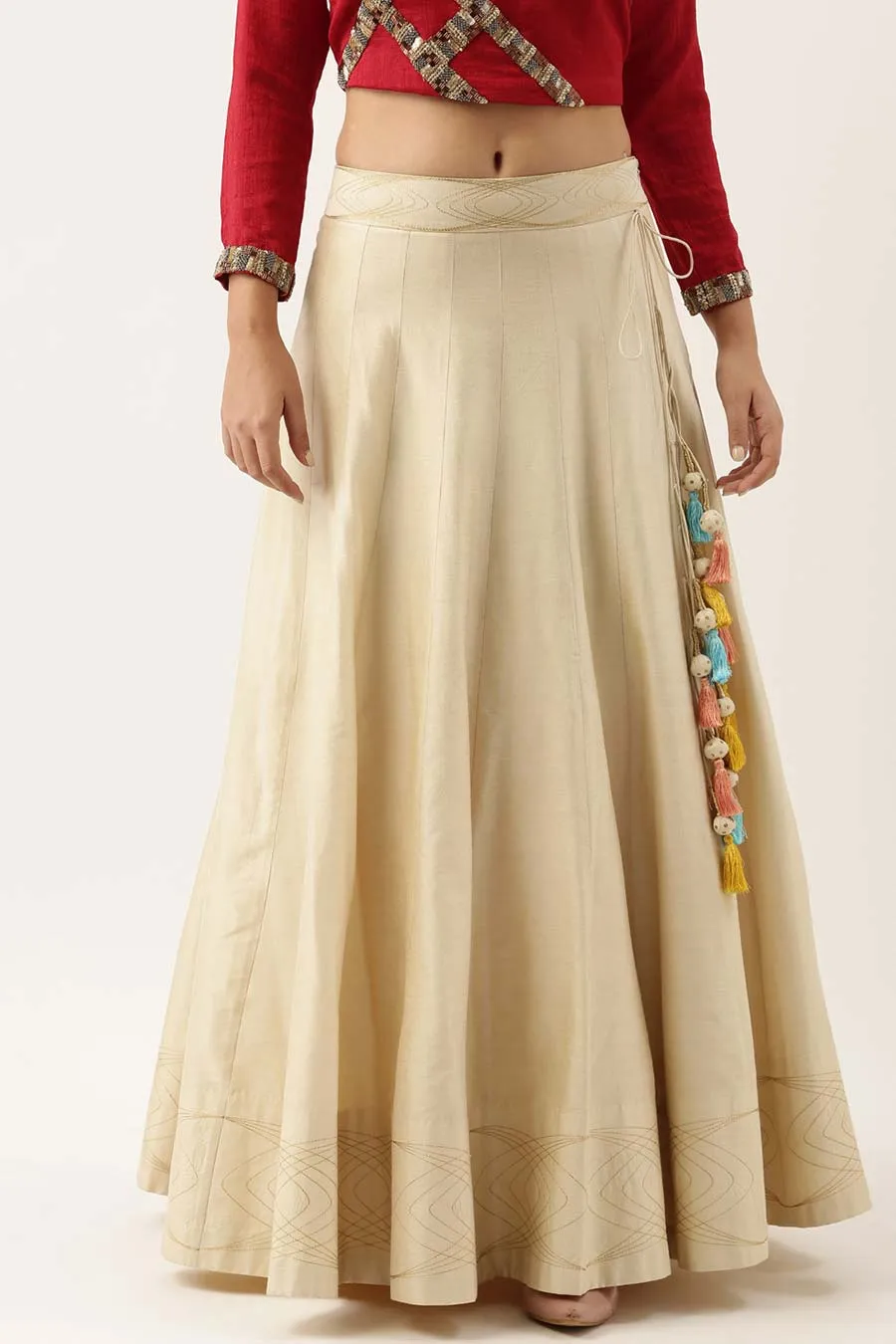 Red Silk Sequined Top & Beige Skirt Set