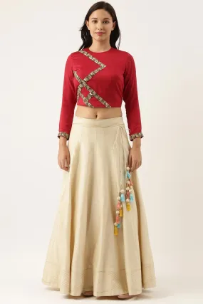 Red Silk Sequined Top & Beige Skirt Set