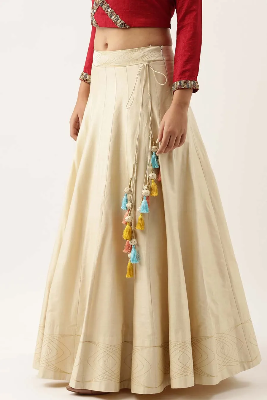Red Silk Sequined Top & Beige Skirt Set