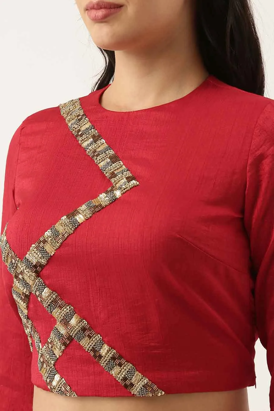 Red Silk Sequined Top & Beige Skirt Set