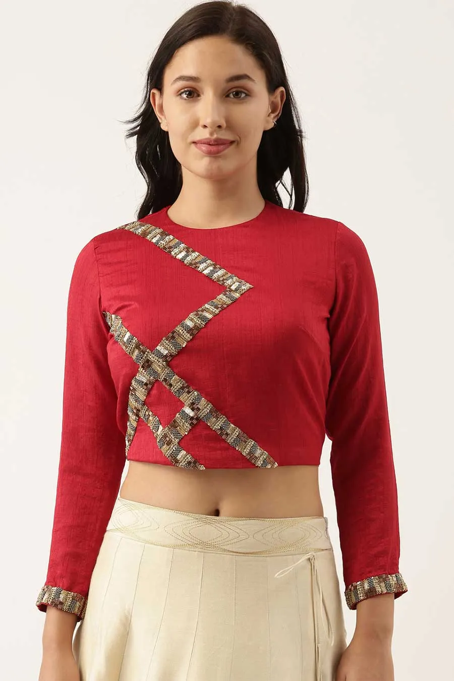 Red Silk Sequined Top & Beige Skirt Set