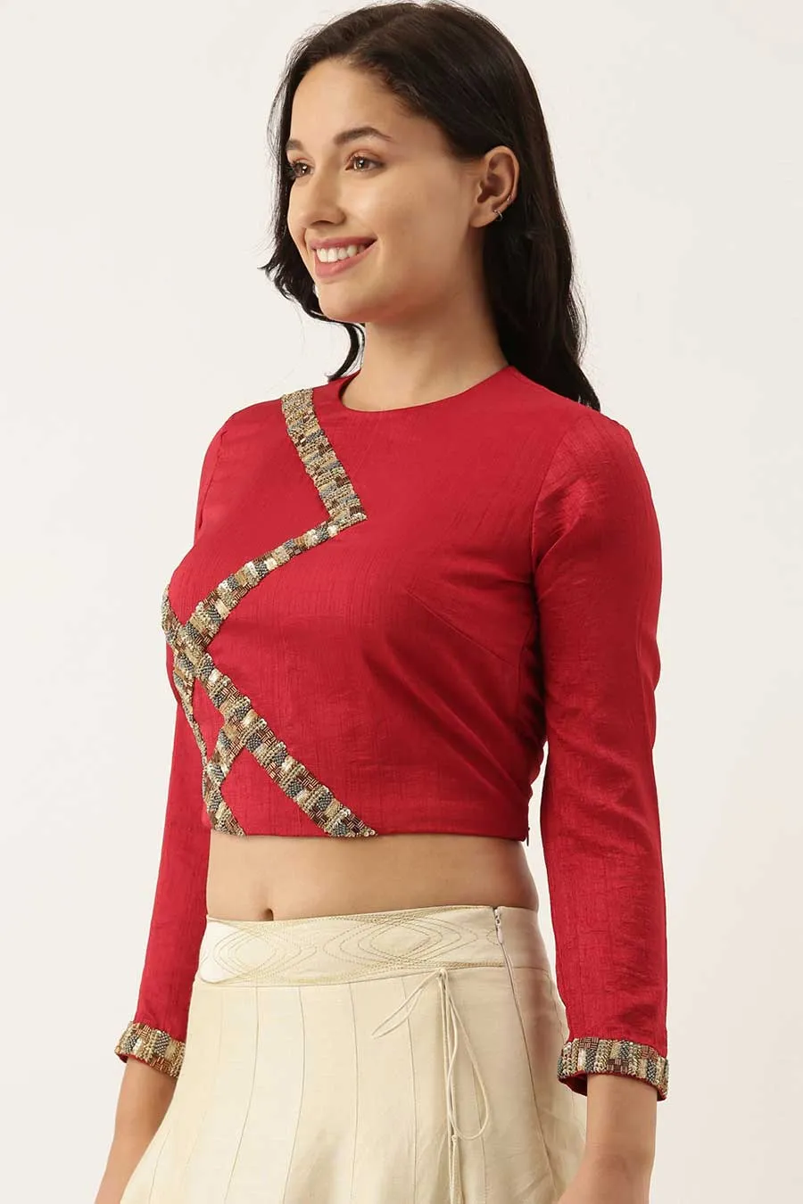 Red Silk Sequined Top & Beige Skirt Set