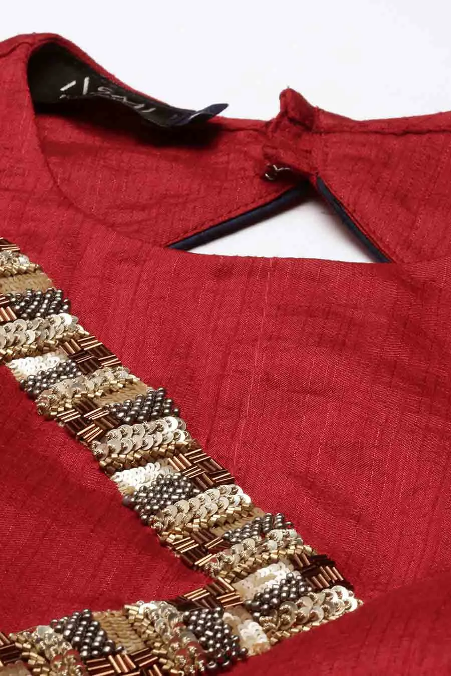 Red Silk Sequined Top & Beige Skirt Set