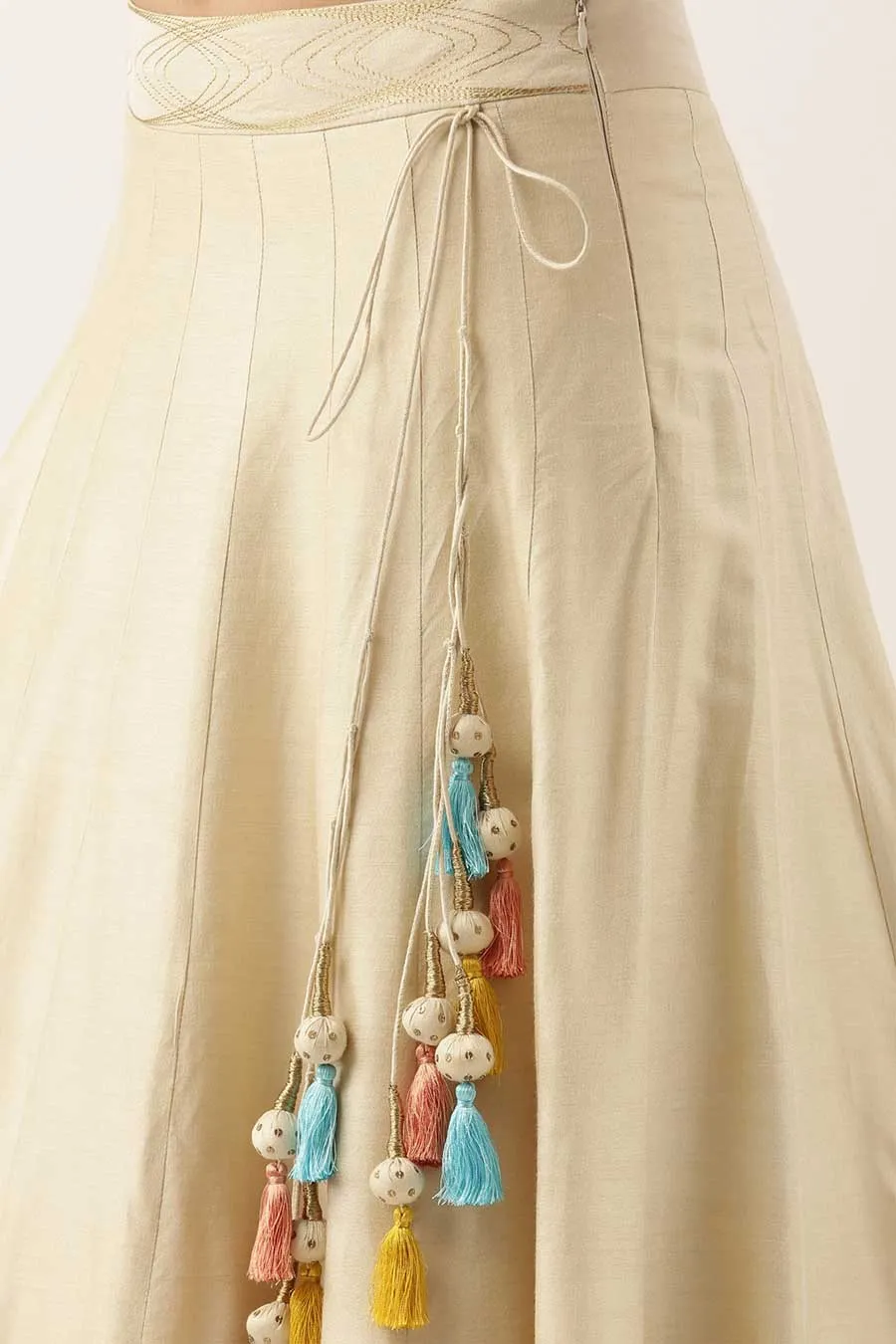 Red Silk Sequined Top & Beige Skirt Set