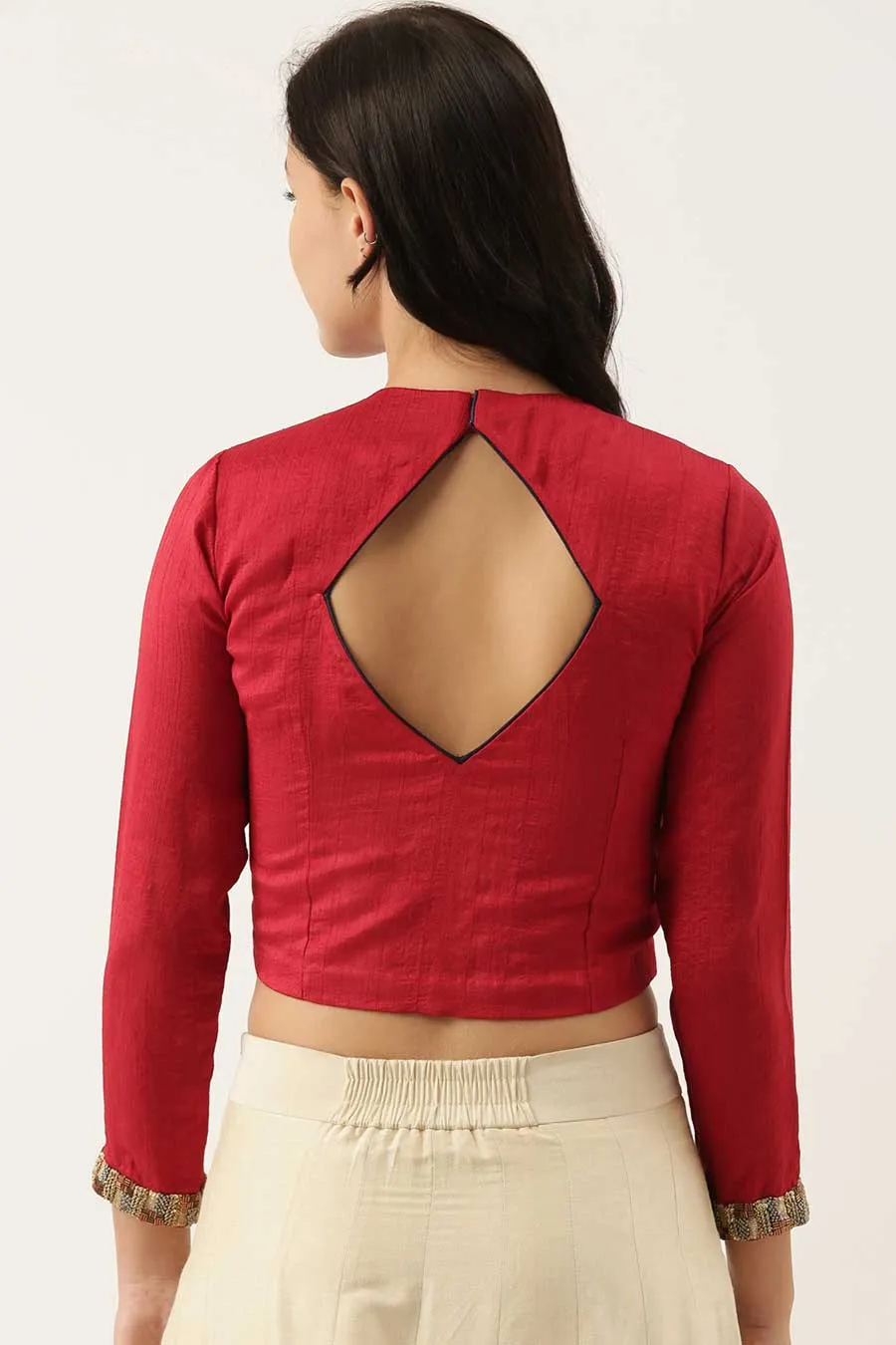 Red Silk Sequined Top & Beige Skirt Set