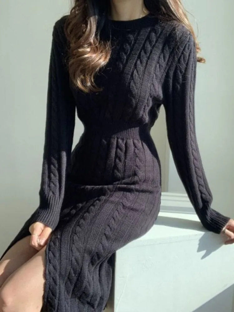 Retro Split Knit Dress Women's 2023 Autumn Winter New Waist Slimming Bottoming Sweater Skirt Dress for Women Sweaters Dresses