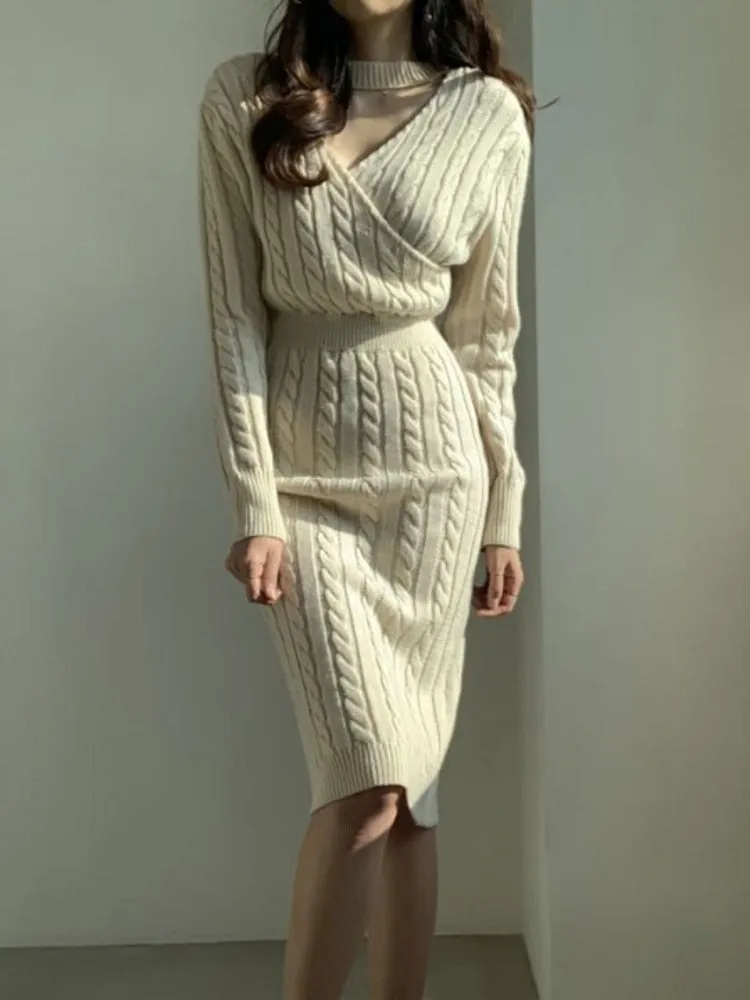 Retro Split Knit Dress Women's 2023 Autumn Winter New Waist Slimming Bottoming Sweater Skirt Dress for Women Sweaters Dresses