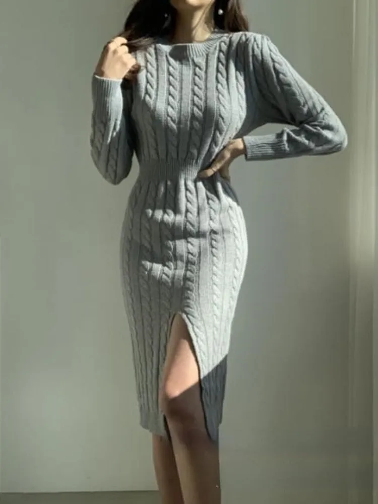 Retro Split Knit Dress Women's 2023 Autumn Winter New Waist Slimming Bottoming Sweater Skirt Dress for Women Sweaters Dresses