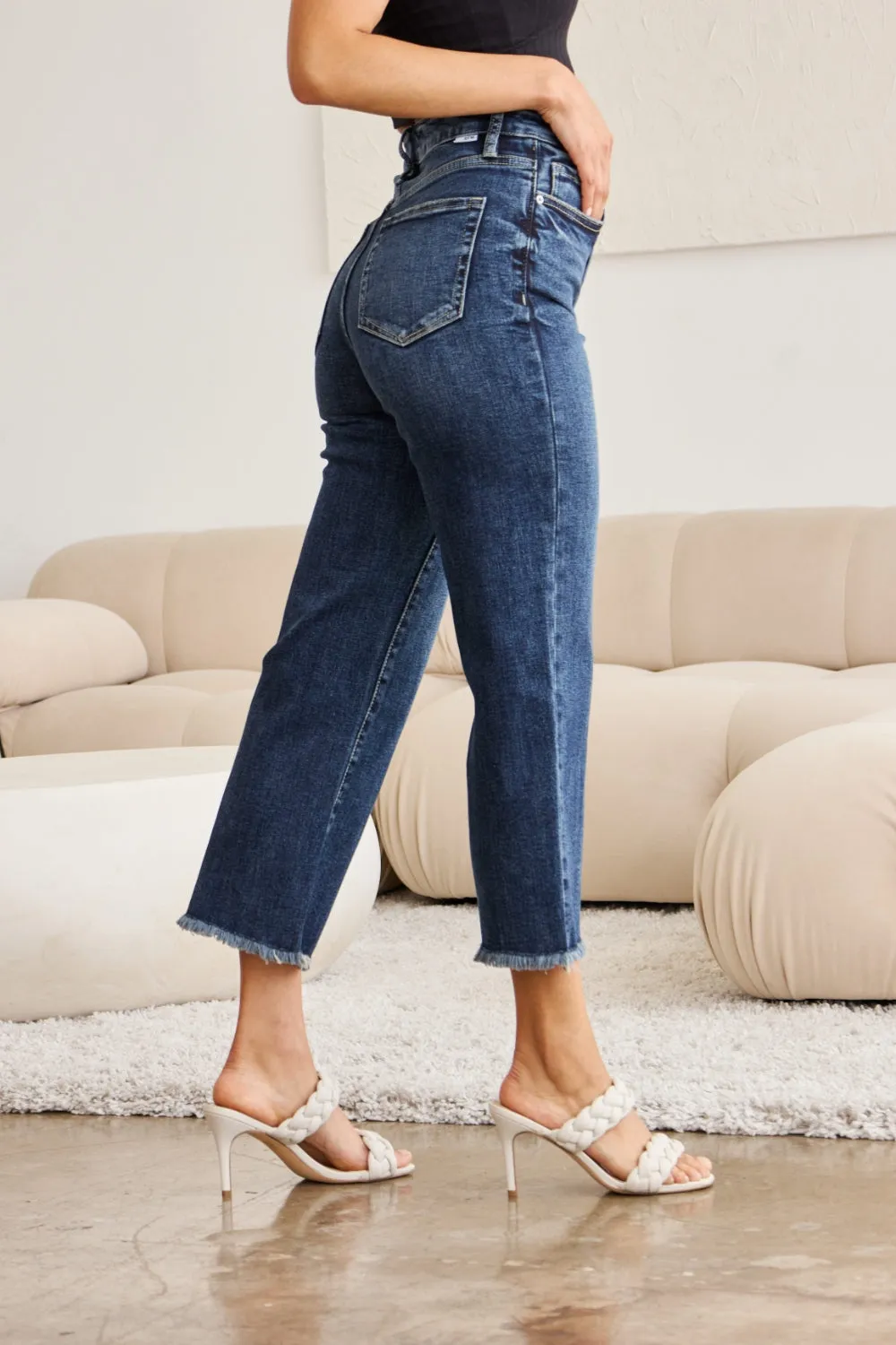RFM Tummy Control High Waist Raw Hem Jeans Dark Wash