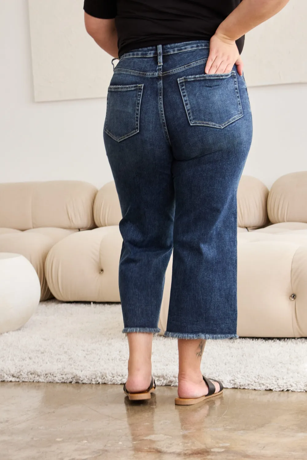 RFM Tummy Control High Waist Raw Hem Jeans Dark Wash
