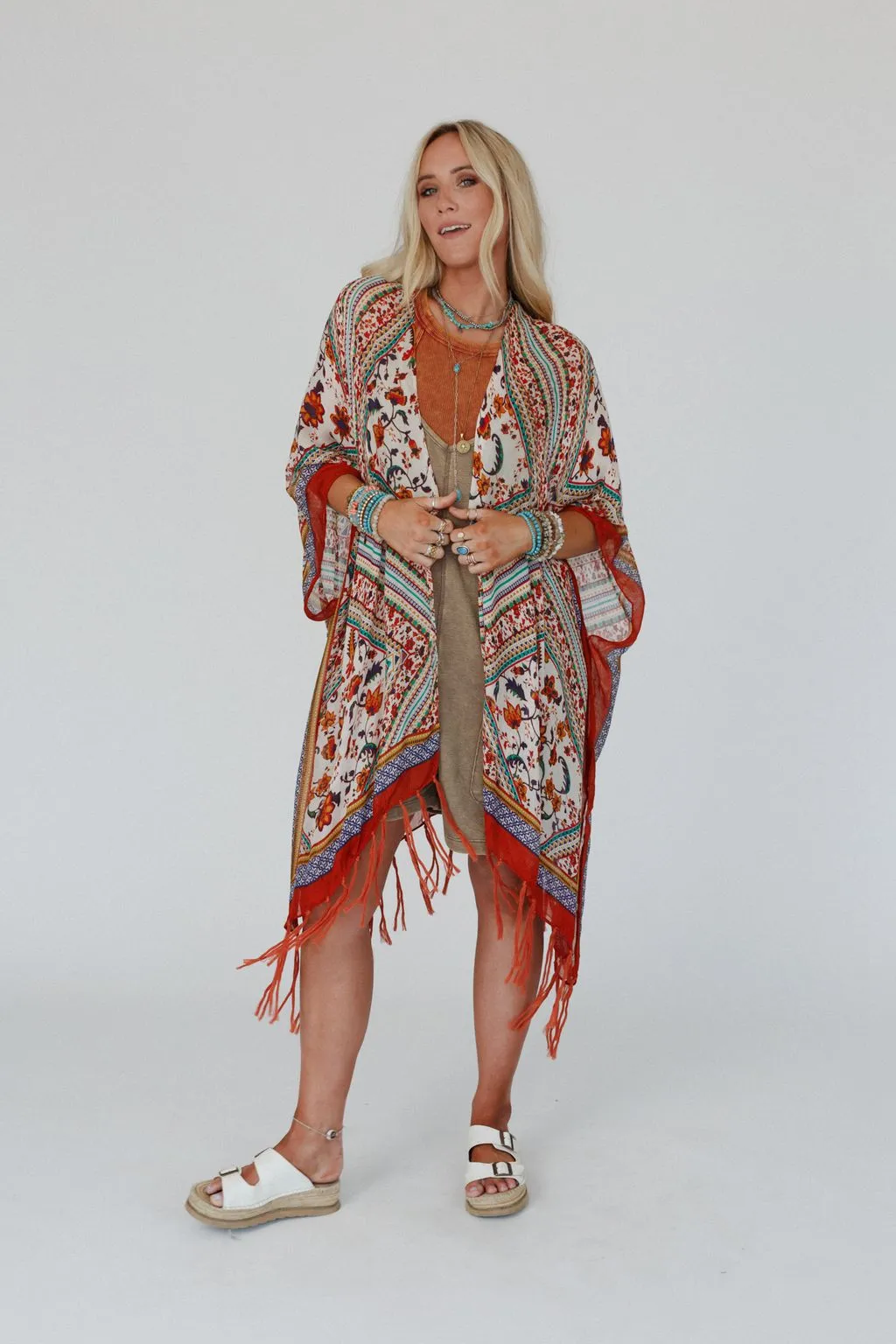 Riviera Border Print Kimono - Rust