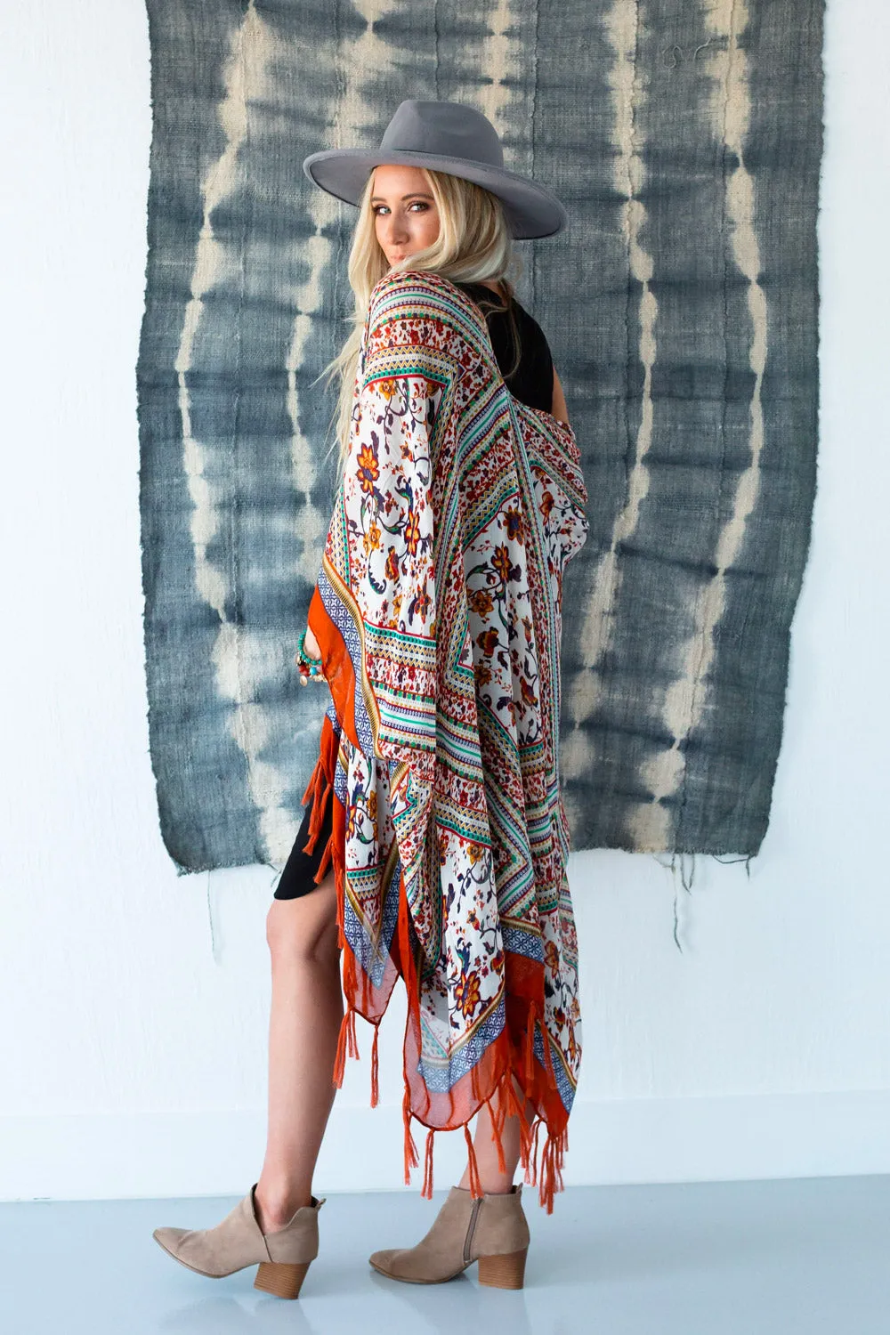 Riviera Border Print Kimono - Rust
