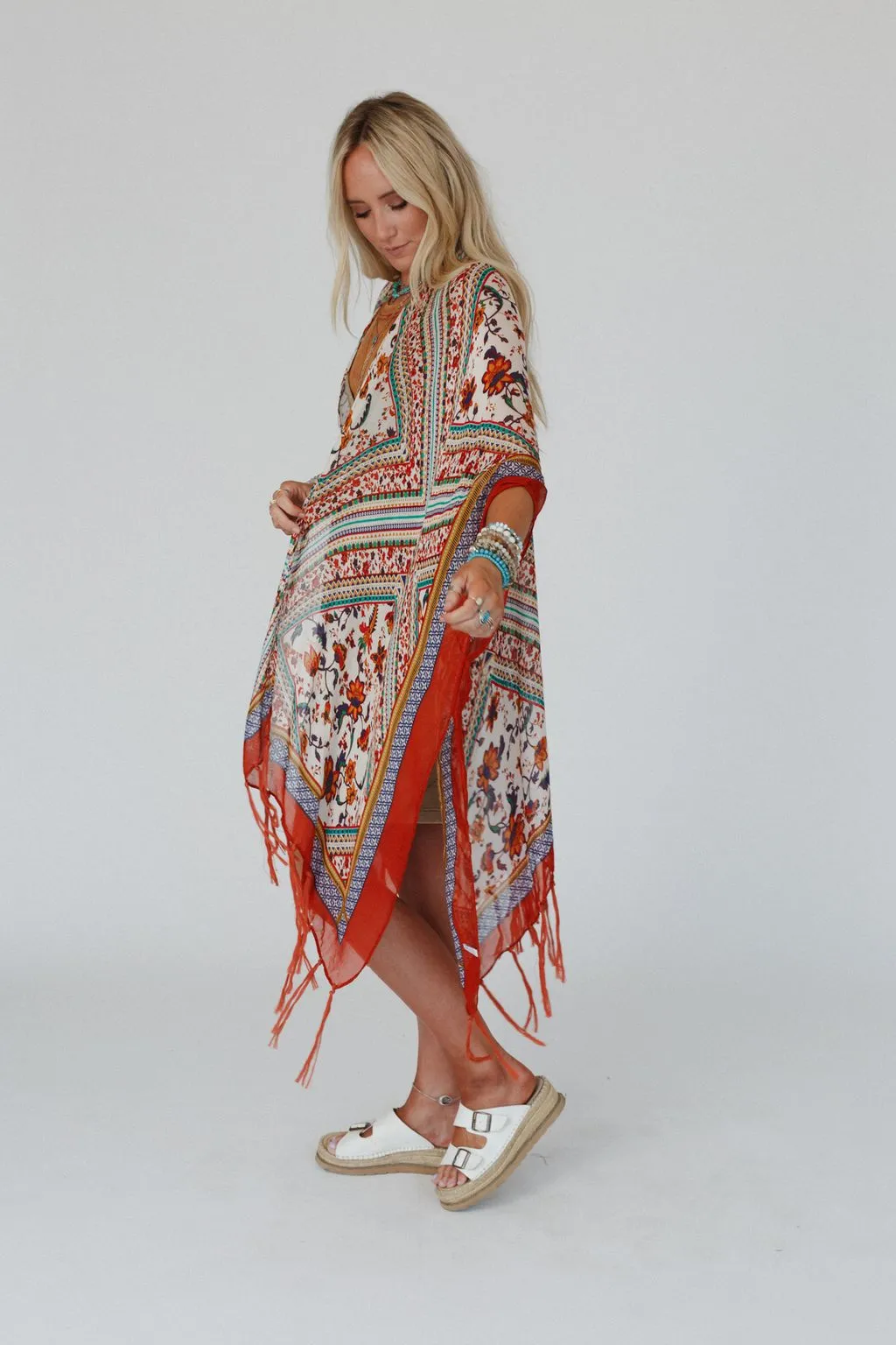 Riviera Border Print Kimono - Rust