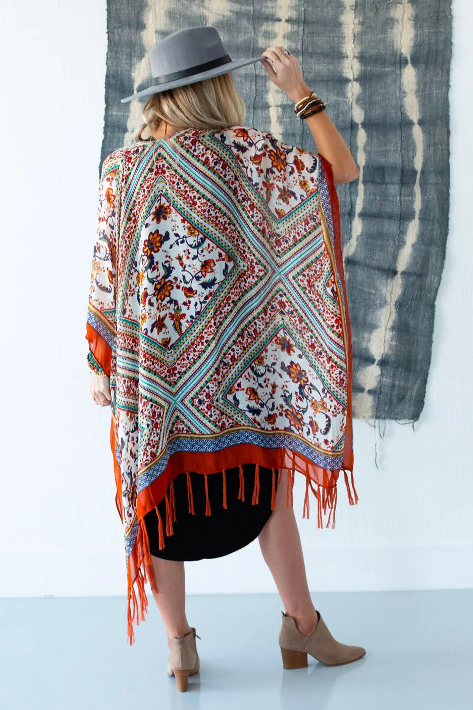Riviera Border Print Kimono - Rust