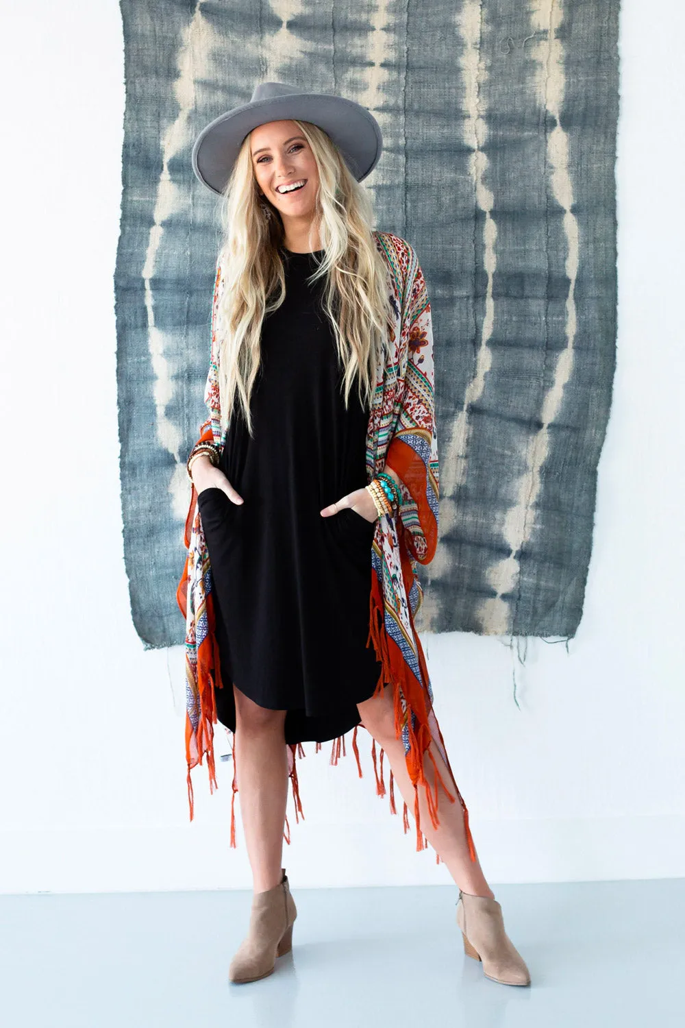 Riviera Border Print Kimono - Rust