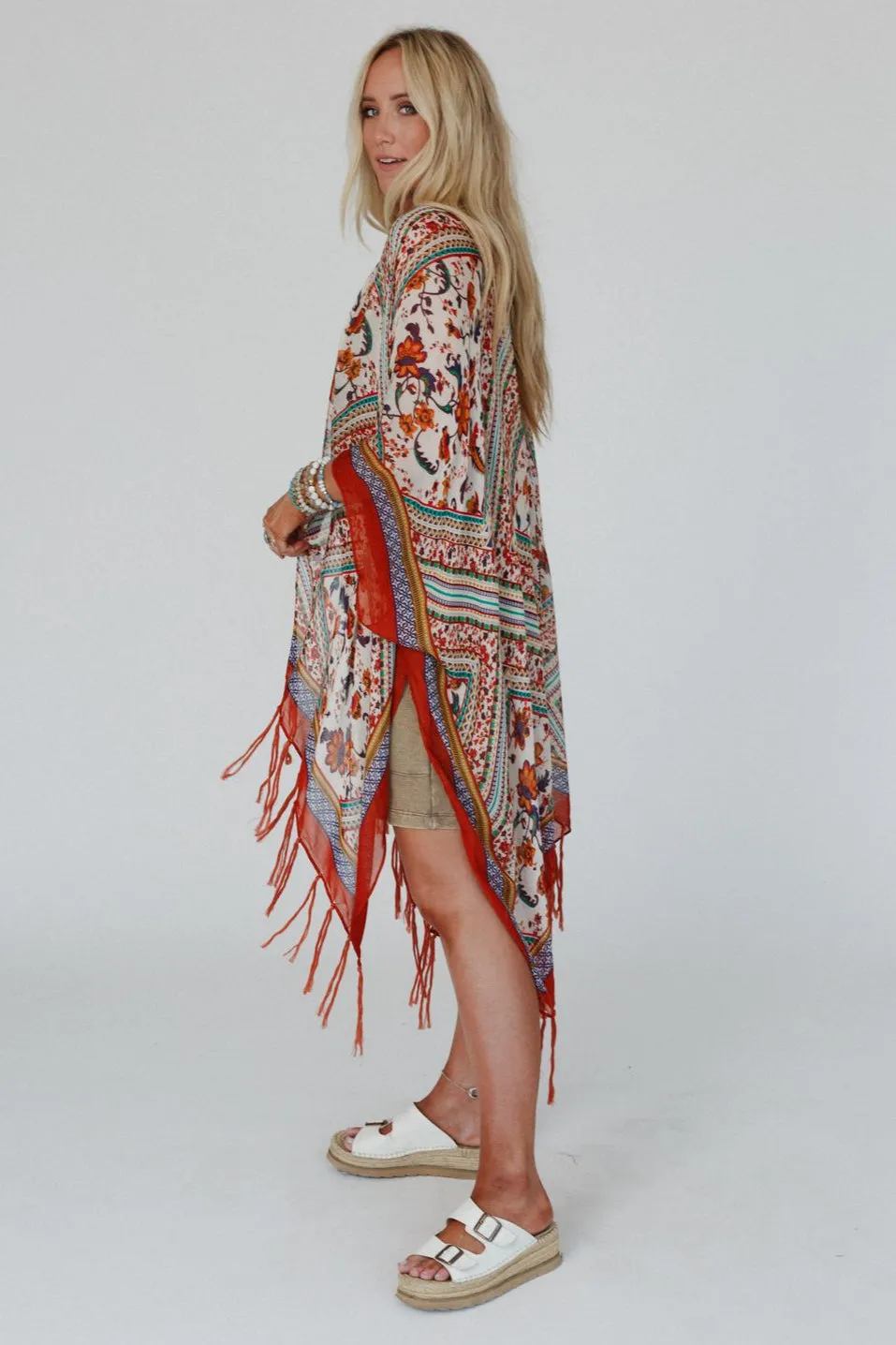Riviera Border Print Kimono - Rust