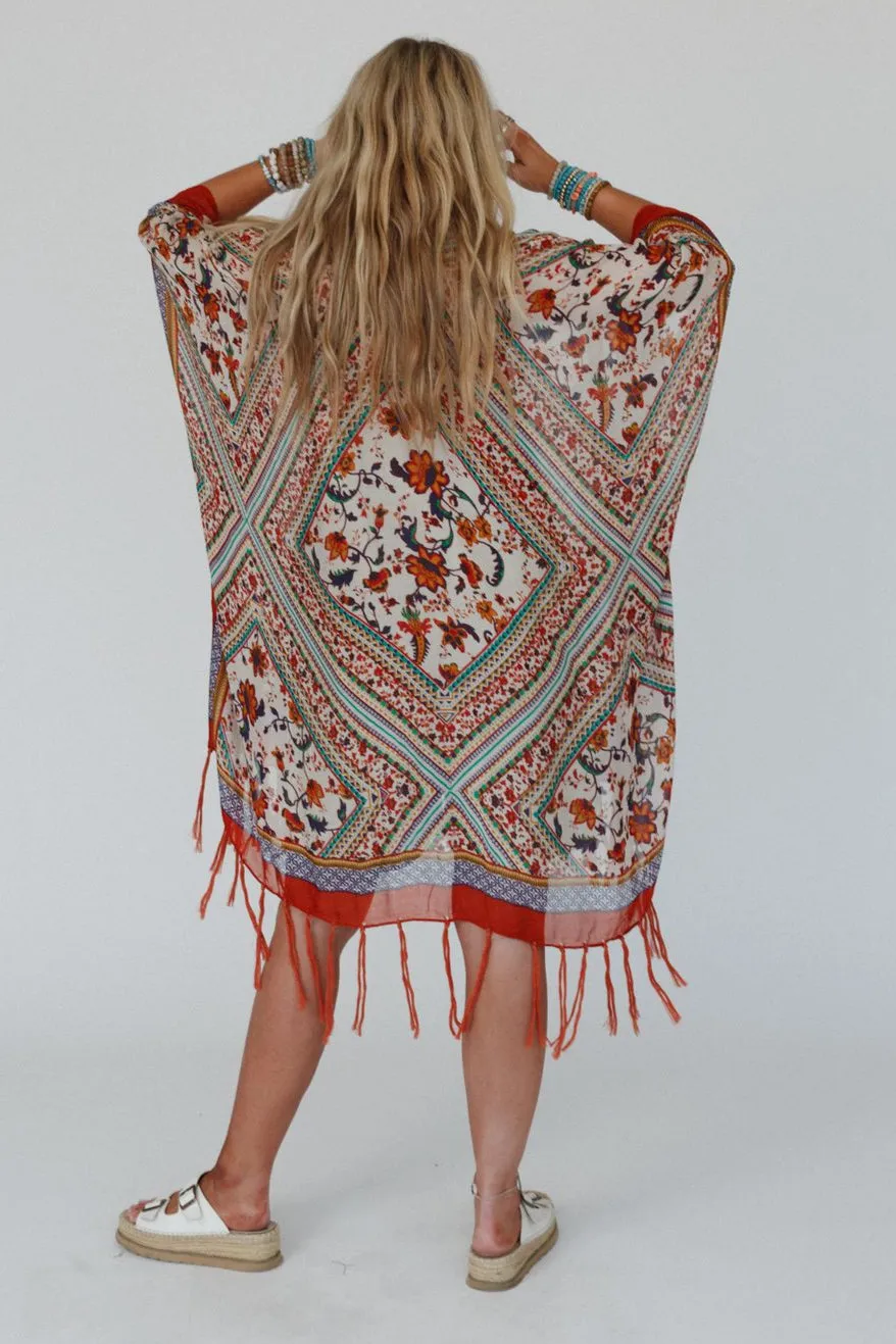 Riviera Border Print Kimono - Rust