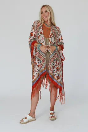 Riviera Border Print Kimono - Rust