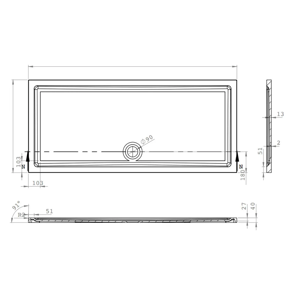 Roman Stone Solid Surface Anti Slip Shower Tray - 1700 x 900 x 40mm