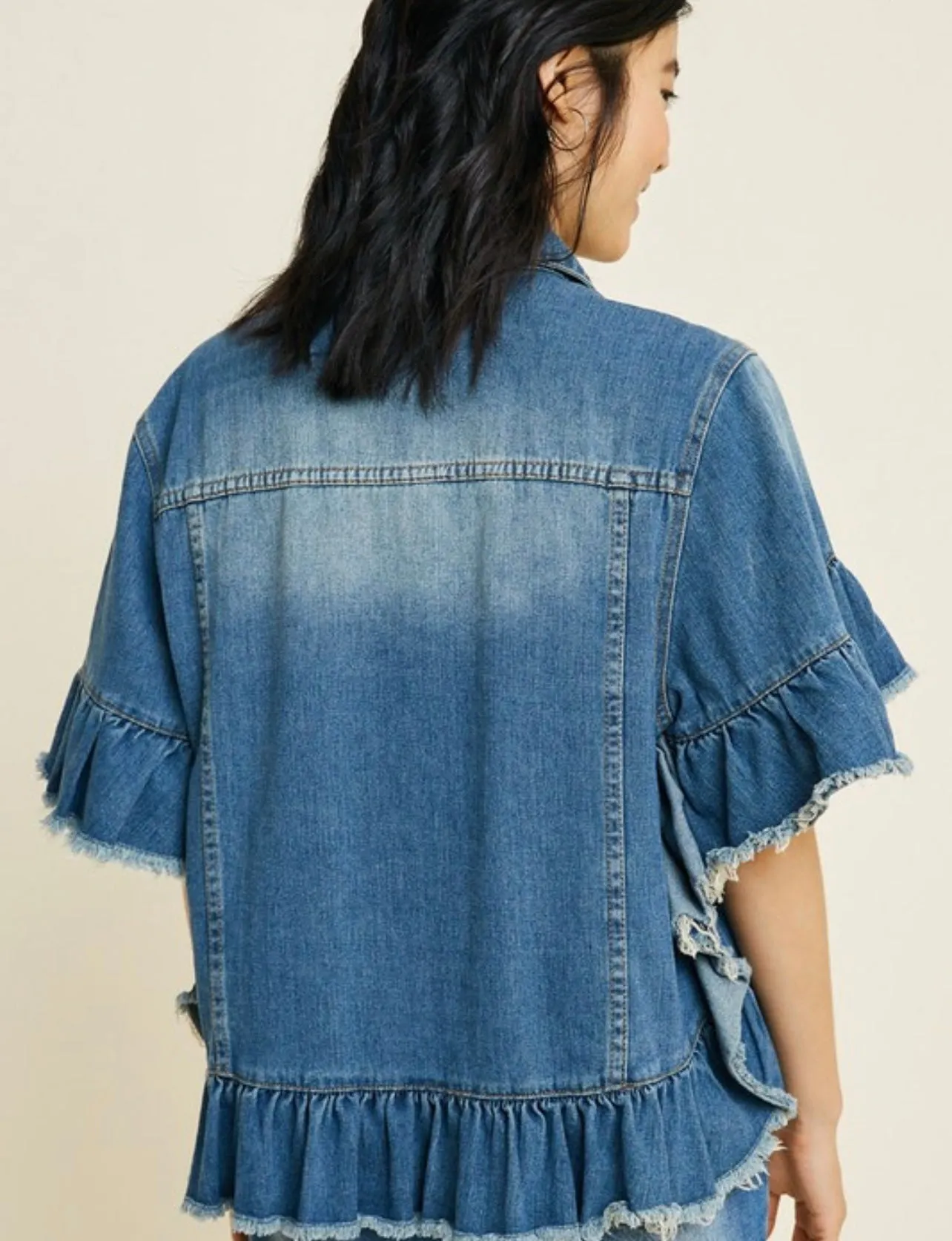 Ruffle Stonewashed Denim Jacket