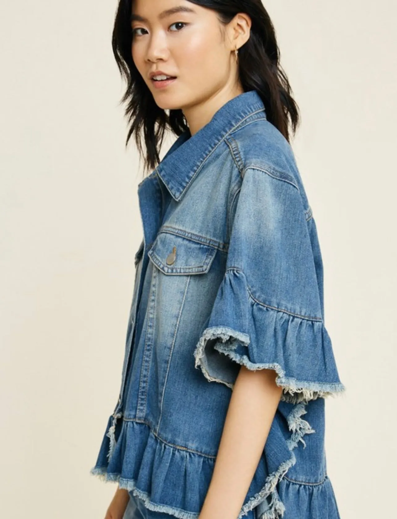 Ruffle Stonewashed Denim Jacket