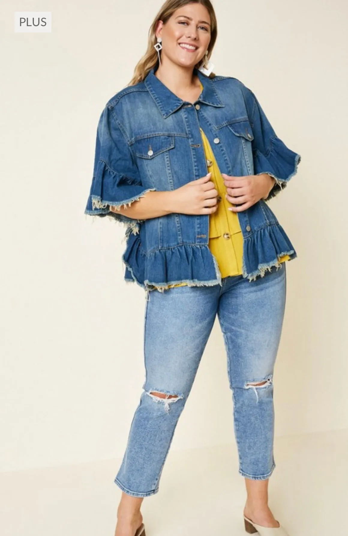 Ruffle Stonewashed Denim Jacket