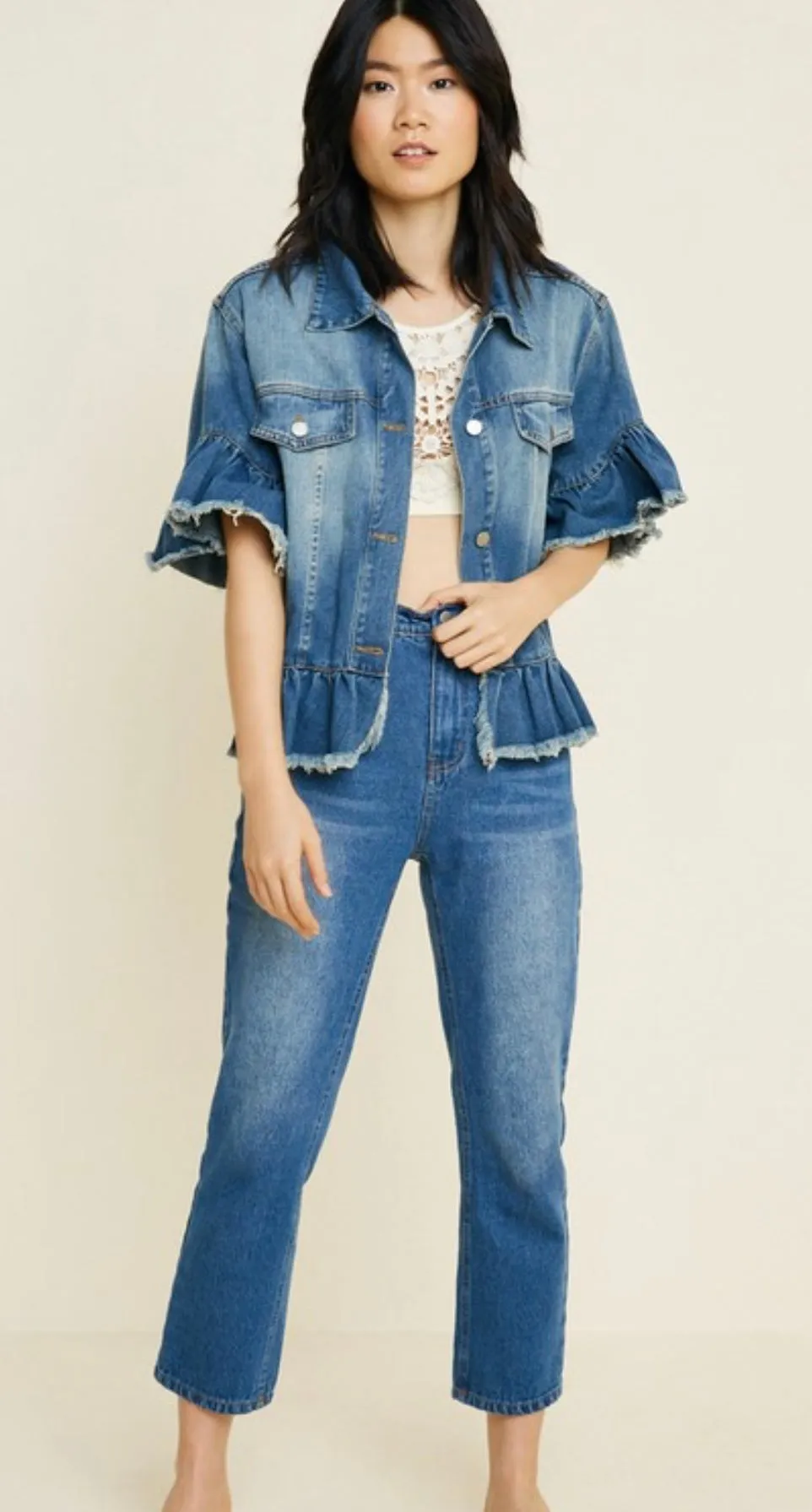 Ruffle Stonewashed Denim Jacket