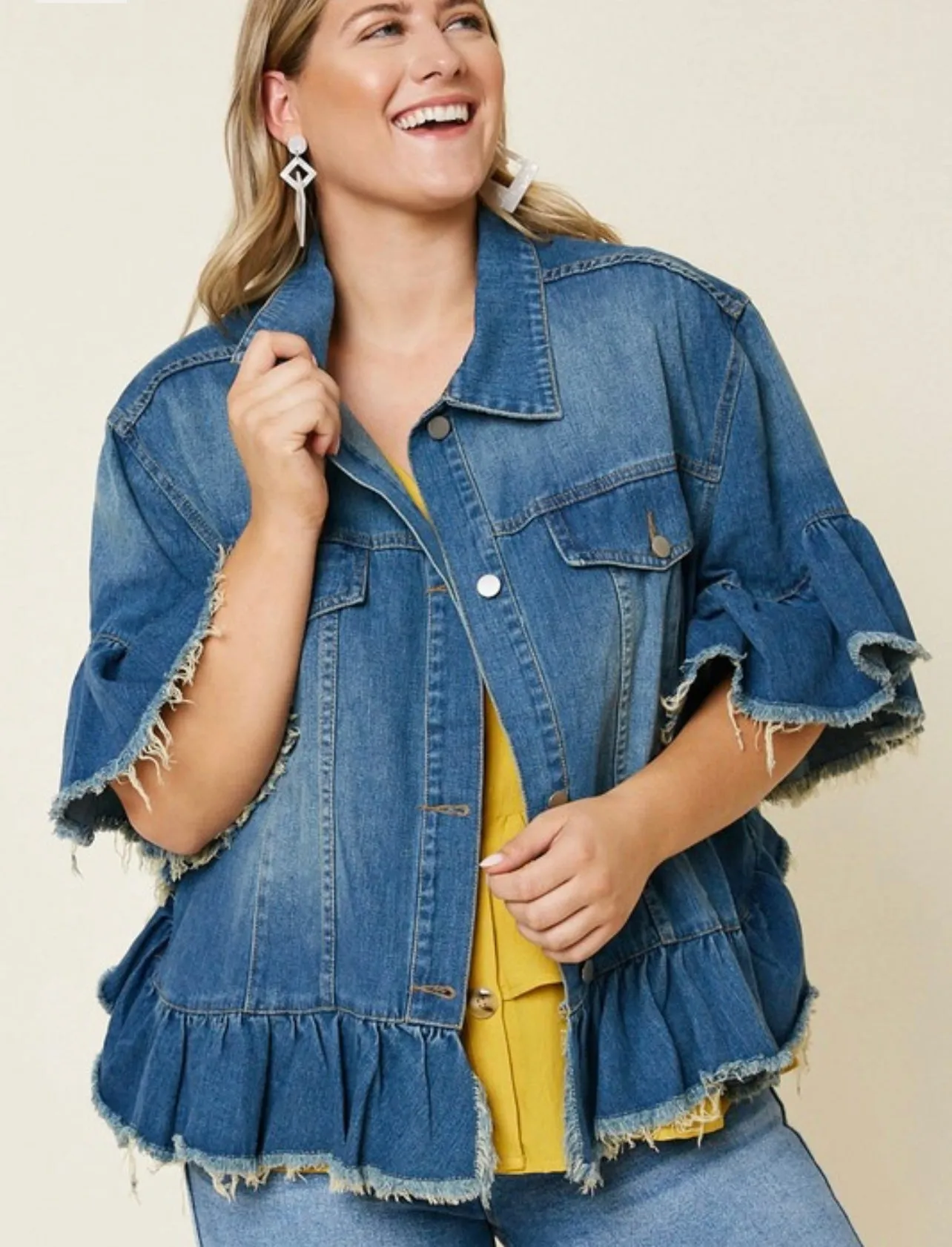 Ruffle Stonewashed Denim Jacket