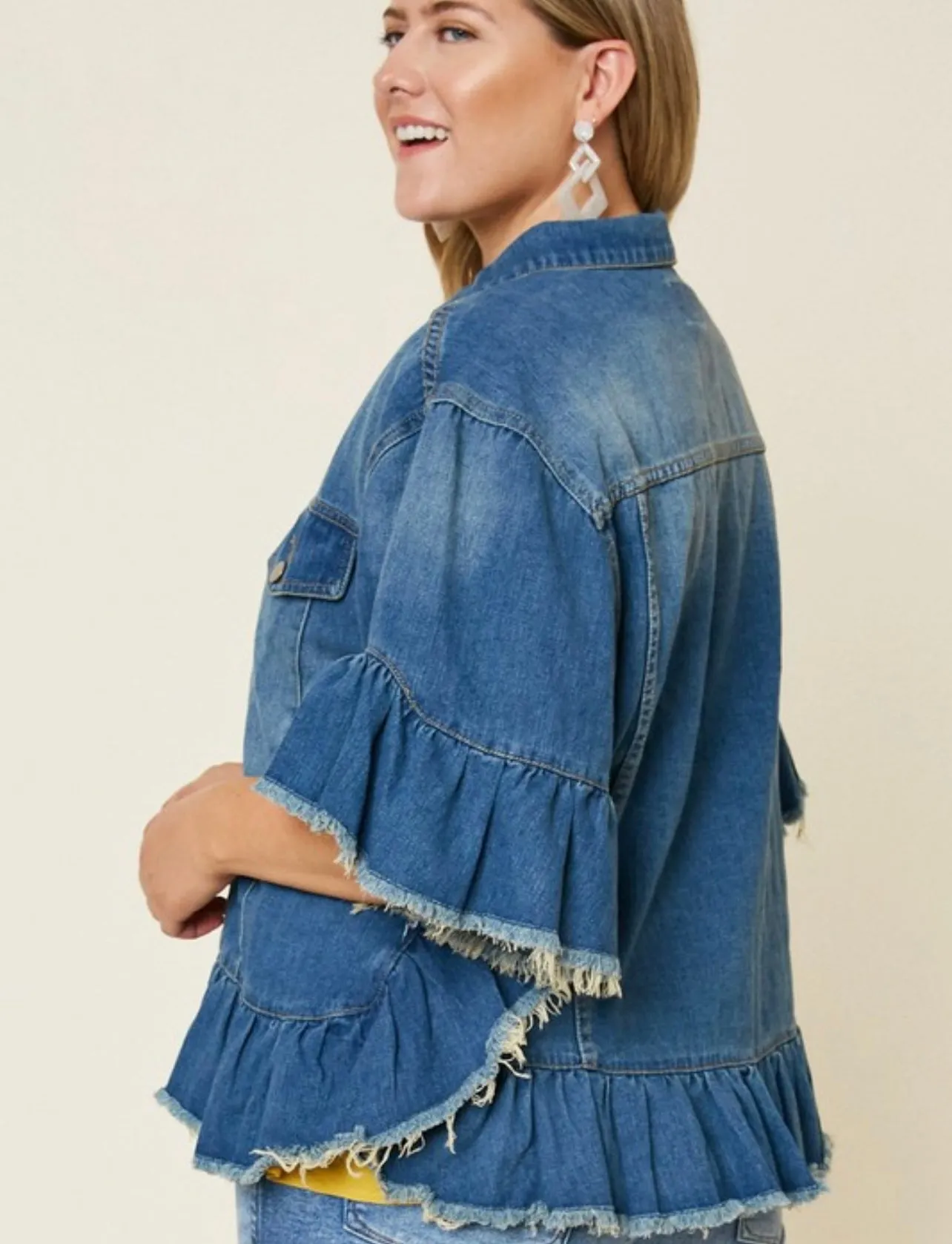 Ruffle Stonewashed Denim Jacket