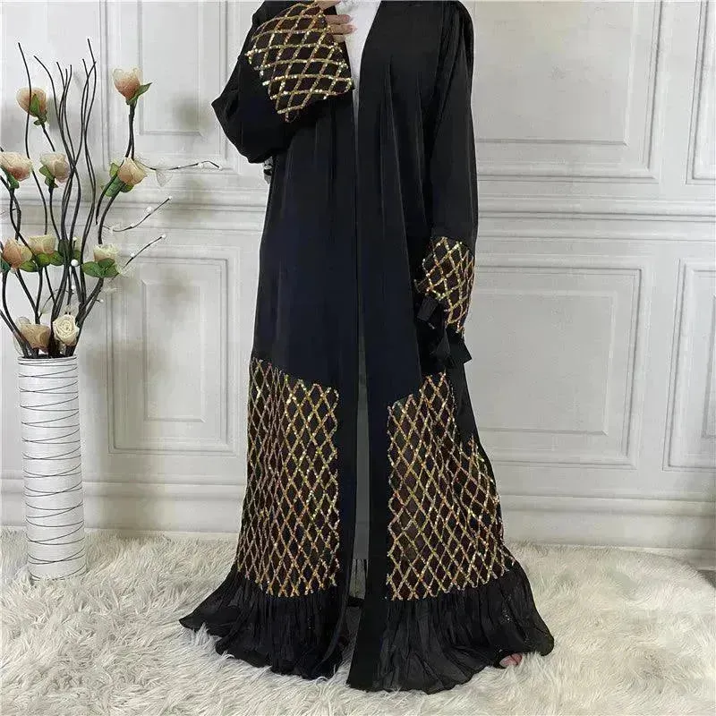 Sequined Embroidered Outerwear Robe  Turkey Arab Dubai Middle East Women's Chiffon Cardigan Abaya Dress