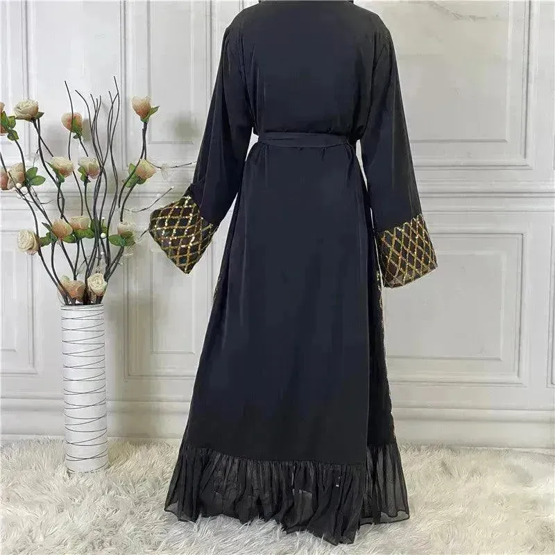 Sequined Embroidered Outerwear Robe  Turkey Arab Dubai Middle East Women's Chiffon Cardigan Abaya Dress