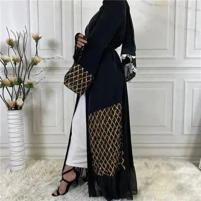 Sequined Embroidered Outerwear Robe  Turkey Arab Dubai Middle East Women's Chiffon Cardigan Abaya Dress