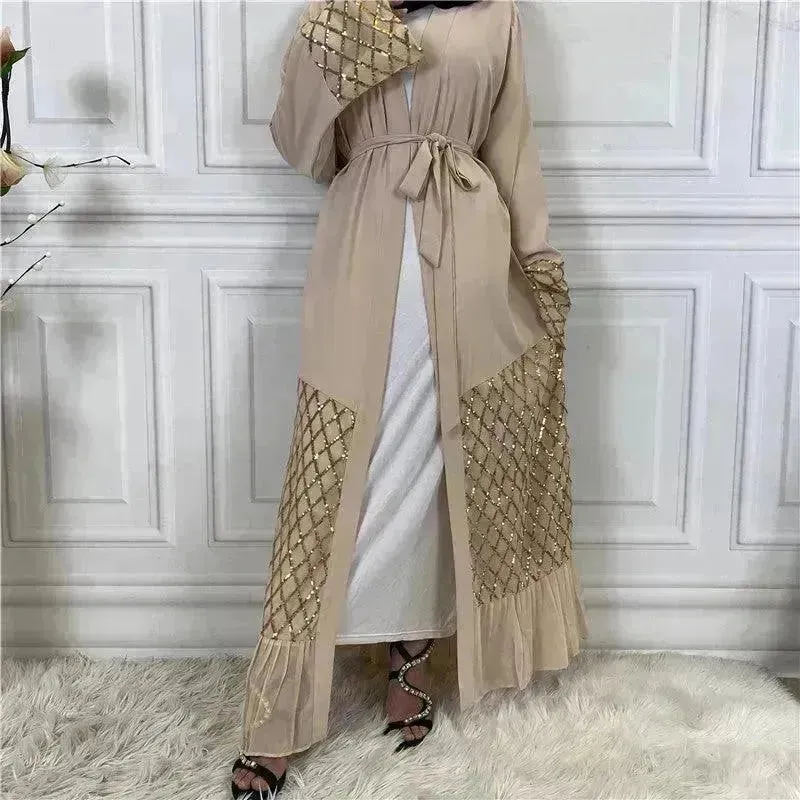 Sequined Embroidered Outerwear Robe  Turkey Arab Dubai Middle East Women's Chiffon Cardigan Abaya Dress